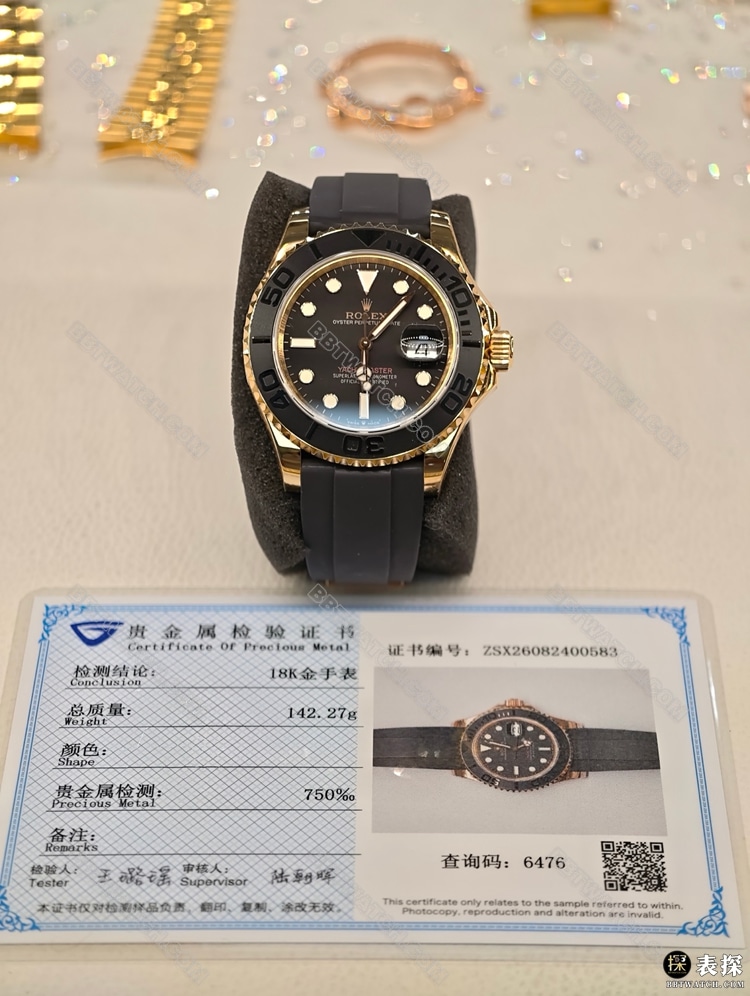 劳力士真金真钻定制最优复刻手表游艇名仕黑盘18k包金正面实拍图