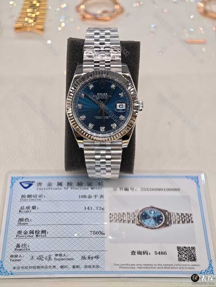 真金真钻定制劳力士最优复刻手表日志蓝盘18k包金正面实拍图