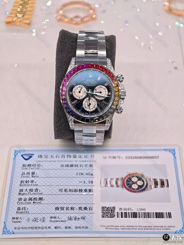 真金真钻定制顶级复刻手表劳力士迪通拿彩虹莫桑钻圈正面实拍图