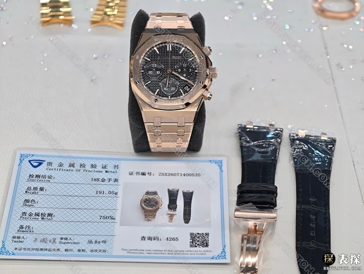 爱彼真金真钻定制1:1复刻手表皇家橡树黑盘计时18k金正面实拍图
