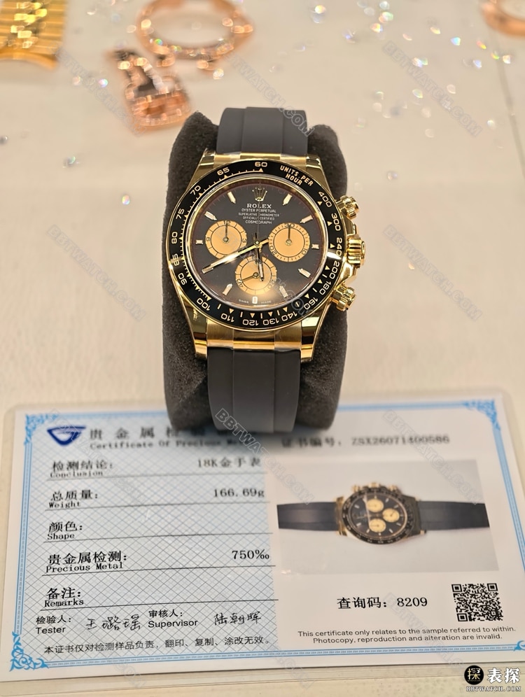 迪通拿真金真钻定制1:1复刻手表劳力士黑盘18k金正面实拍图