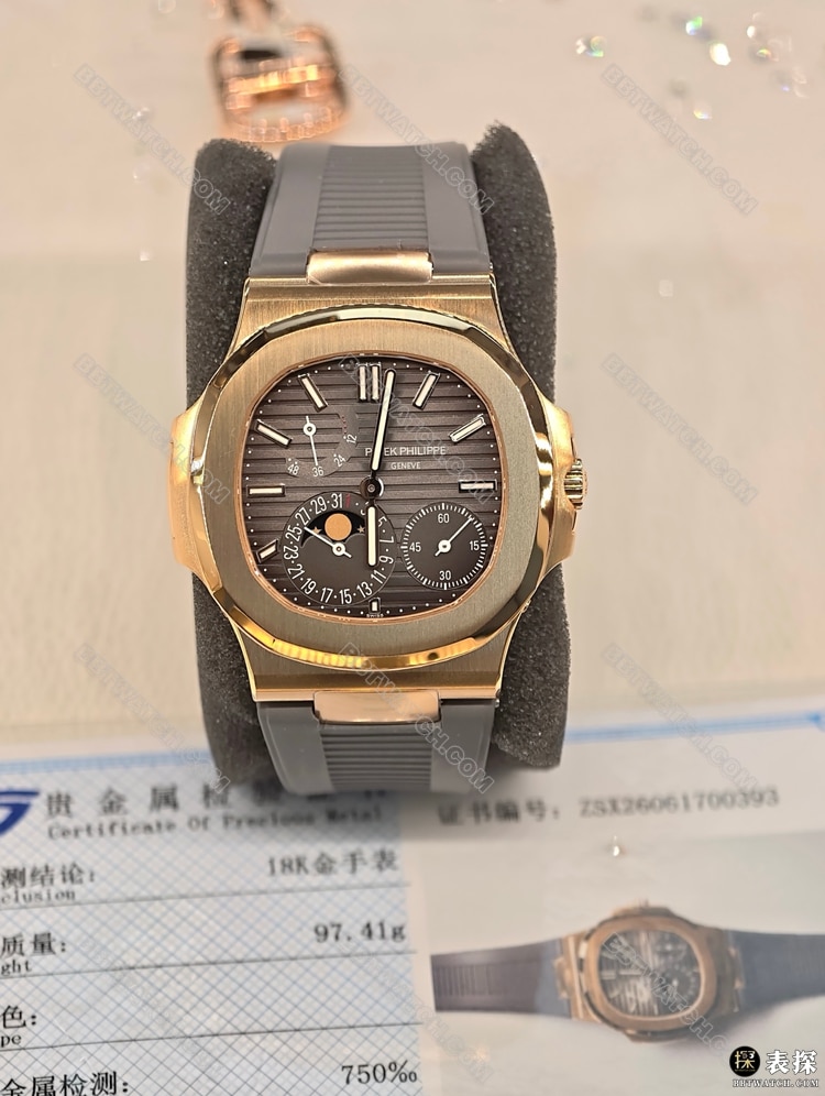 鹦鹉螺真金真钻定制最优复刻手表百达翡丽深灰盘18k包金正面实拍图