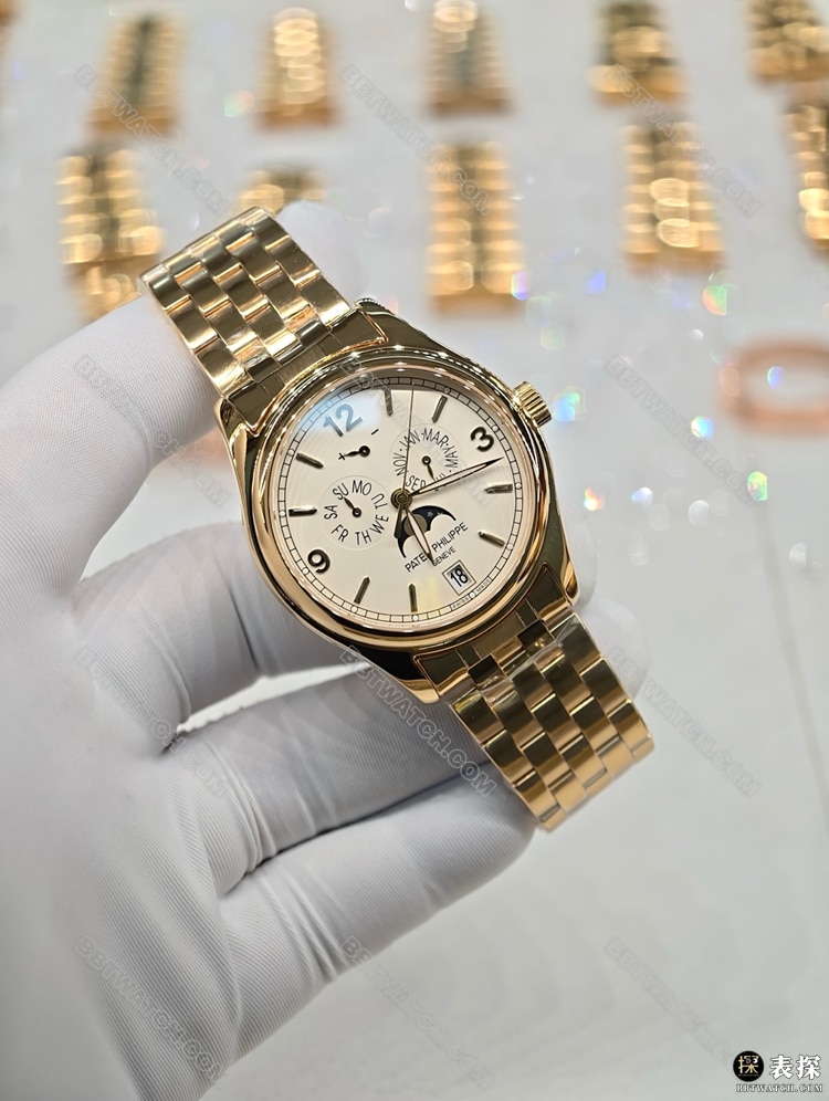 复杂功能时计真金真钻定制顶级复刻手表百达翡丽米黄盘18k包金正面实拍图