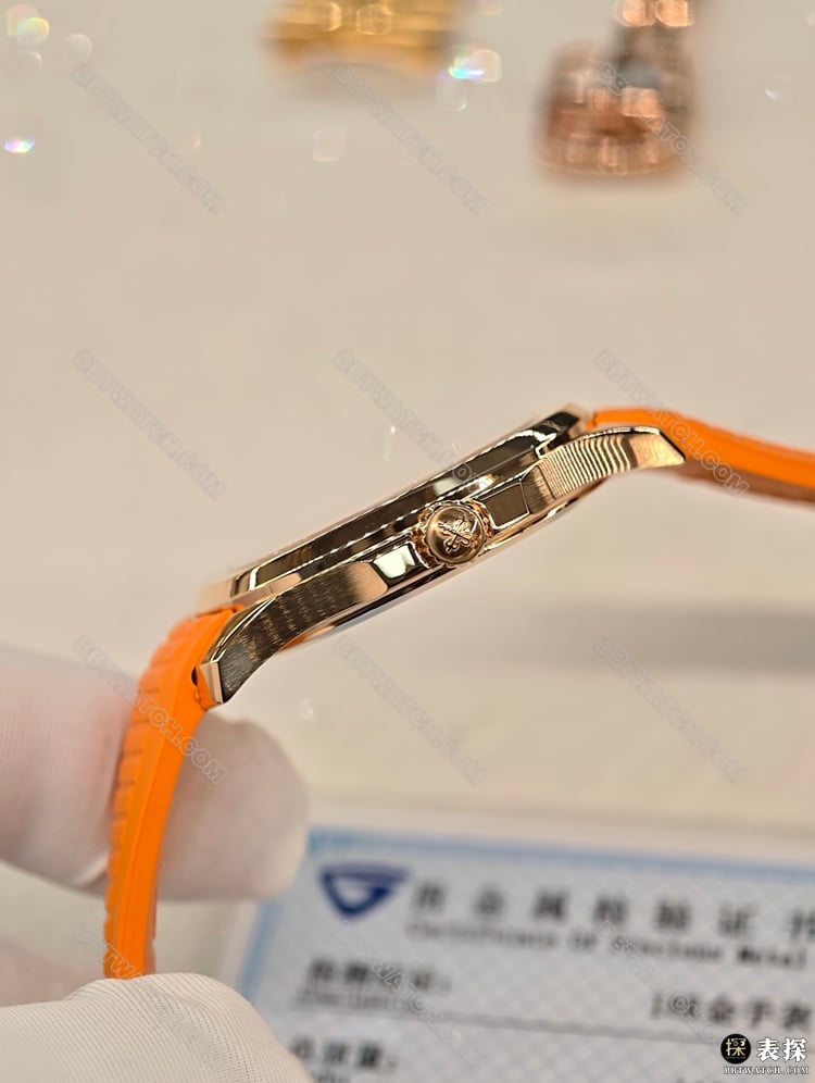 手雷真金真钻定制1:1复刻手表百达翡丽深棕盘18k包金侧面实拍图