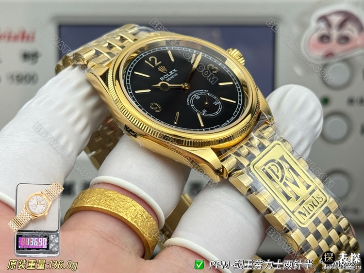1:1复刻手表恒动1908型PPM厂劳力士黑盘金表带侧面实拍图