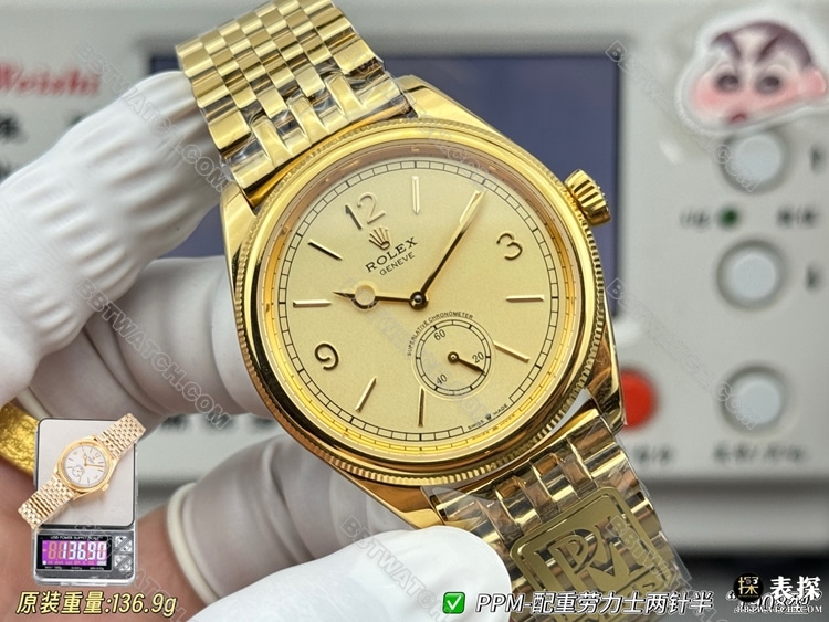 最优复刻手表恒动1908型PPM厂劳力士金盘金表带正面实拍图