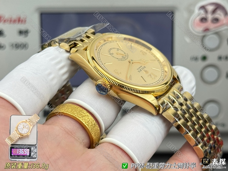 最优复刻手表恒动1908型PPM厂劳力士金盘金表带侧面实拍图
