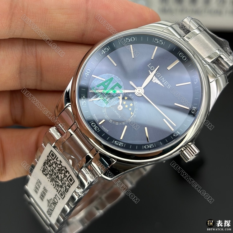 顶级复刻手表AF厂名匠浪琴蓝盘月相L2.909.4.92.6正面实拍图